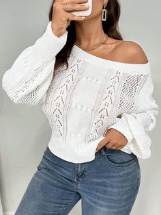 Plus Size Women's Solid Color Hollow Out Long Sleeve Loose Casual Sweater White Casual  Long Sleeve Fabric Plain Pullovers Non-Stretch  Women Plus Clothing, size features are:Bust: ,Length: ,Sleeve Length: Color Minimalist, Plus Size Pullover, Women Crew Socks, Black Knit Sweater, Casual Sweater, Sweater White, Women Legs, Plus Size Sweaters, 가을 패션