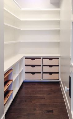 an empty walk in closet with white shelving and brown drawers on the wall,