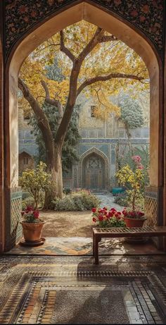 an archway leading into a garden with potted plants