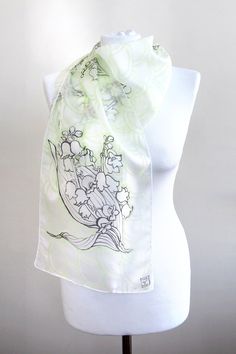 White Artistic Scarves For Spring, Artistic White Scarf For Spring, Artistic White Scarves For Spring, White Floral Print Silk Scarf As A Gift, White Silk Scarf With Floral Print For Gift, White Floral Print Silk Scarf For Gift, Handmade White Scarves For Spring, White Silk Scarf With Floral Print, White Scarf As Spring Gift