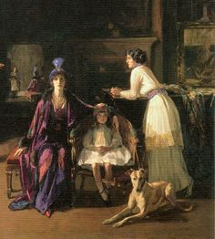 a painting of two women and a child in a living room with a dog laying on the floor