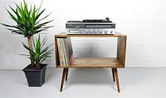 a record player sitting on top of a wooden shelf next to a potted plant