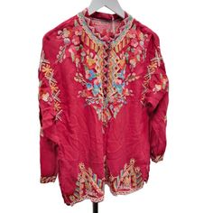 Johnny Was Embroidered Tunic Top Shirt Size S Nwt Red Embroidered Long Sleeve Top For Fall, Red Floral Embroidered Top, Red Embroidered Shirt For Spring, Red Long Sleeve Tops With Resham Embroidery, Red Folk Blouse For Fall, Red Embroidered Blouse For Fall, Fall Embroidered Red Blouse, Bohemian Red Top With Resham Embroidery, Red Tops With Resham Embroidery For Summer