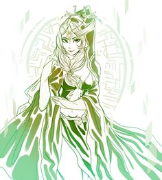 a drawing of a woman dressed in green and white with a crown on her head