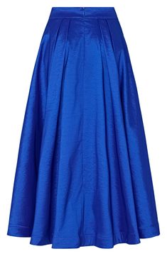 Elevate your ensemble in this A-line midi skirt crafted from glossy taffeta. 32" length 57% polyester, 38% nylon, 5% spandex Dry clean Imported Spring Silk A-line Maxi Skirt, Spring Pleated Satin Skirt, Spring Satin Pleated Lined Skirt, Spring Satin Pleated Skirt With Lining, Spring Satin Skirt With Gathered Detail, Party Satin Skirt With Folds, Silk A-line Skirt, Chic Blue A-line Maxi Skirt, Flowy Party Maxi Skirt With Folds