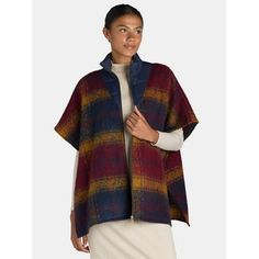 A cozy layer thats ultra-chic too. Meet Time and Trus Plaid Puffer Poncho. A classic poncho design updated with a puffer inset and zip front, this is the ultimate layer to take you through the seasons in style. Slip it on over your outfit of the day for added warmth or make it part of your outfit and let it steal the show. Only at Walmart. Size: One Size.  Color: Red.  Gender: female.  Age Group: adult. Cozy Multicolor Poncho For Fall, Cozy Multicolor Poncho For Winter, Cozy Multicolor Fall Poncho, Plaid Long Sleeve Poncho For Fall, Winter Plaid Poncho, Poncho Design, Fashion Cover, Layered Tops, Plaid Fashion