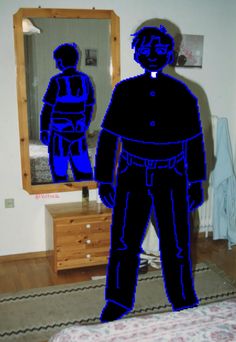 a man standing in front of a mirror with the reflection of his body on it