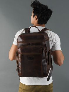 Trustpilot Our handmade leather Alpha backpack is the perfect choice for your travel need. Carry your travel essentials in a trendy and convenient way with our super spacious backpack bag. The bag comes with multiple pockets and a main zipper compartment which gives easy access to the inside main compartment. The backpack has two adjustable straps on the back for adjusting as per your comfort. The premium backpack is crafted from high-grade buffalo leather giving it a vintage and eye-catchy look Brown Leather Travel Backpack With Zipper Pocket, Brown Leather Backpack With Zipper Pocket For Travel, Brown Leather Backpack With Luggage Sleeve For Trip, Leather Backpack With Luggage Sleeve For Trips, Large Capacity Leather Satchel Backpack For Trips, Large Capacity Backpack For Trip, Rectangular Leather Backpack With Zipper Pocket For Trips, Large Capacity Leather Duffle Bag Backpack, Leather Travel Bag With Large Capacity