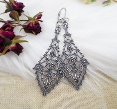 Large Silver Filigree Victorian Goth Earrings, Dark Academia Aesthetic Jewelry, Dark Silver Goth Girl Style, Feminine Edgy Jewelry Gift Victorian Style Nickel Free Earrings For Party, Victorian Earrings For Pierced Ears For Party, Handmade Gothic Earrings For Festival, Victorian Style Earrings For Party, Handmade Gothic Wedding Earrings, Gothic Dangle Earrings For Wedding, Bohemian Metal Earrings For Evening, Elegant Metal Chandelier Earrings For Festival, Nickel-free Gothic Earrings For Festivals