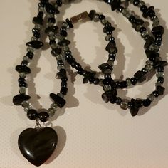 Dark Heart Of Stones Necklace Black Stones And Glass Beads Flash Made It Look Brown But You Can See The Details See Pics For Measurements Stone Heart Is Almost An Inch Wide And Tall Handmade Black Beaded Heart-shaped Jewelry, Black Heart Beaded Necklace, Black Beaded Necklaces With Heart And Round Beads, Adjustable Black Beaded Necklace With Heart Beads, Black Beaded Necklaces With Heart-shaped Beads, Handmade Black Heart-shaped Beaded Necklaces, Handmade Black Heart Beaded Necklaces, Handmade Black Heart-shaped Beaded Necklace, Black Heart Beads Necklace