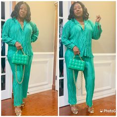 Classy 2pc Set Pleated Detail Summer At Its Highest Large 12/14 14/16 Height 5’9 Wearing Heels Stretch Elastic Waist Tall Girl Friendly Heel Stretch, Tall Girl, Pant Jumpsuit, Elastic Waist, Pants For Women, Elastic, Heels, Pants, Green