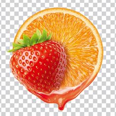 an orange and strawberry are being drizzled with syrup on the top, as if