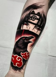 a person with a tattoo on their arm has a crow and an eye in the background