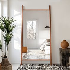 a large mirror sitting next to a plant in a room with white walls and flooring