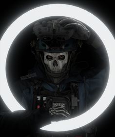 a skeleton wearing a helmet and holding a circular light