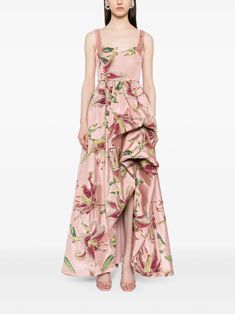 Marchesa Notte square-neck Draped Gown - Farfetch Pink Evening Dress With Straight Neckline, Evening Floral Print Maxi Dress With Square Neck, Floral Print Maxi Dress With Square Neck For Evening, Square Neck Floral Print Maxi Dress For Evening, Pink Maxi Dress With Straight Neckline For Evening, Elegant Pink Maxi Dress With Straight Neckline, Pink Square Neck Maxi Dress For Evening, Pre-draped Pink Maxi Dress For Gala, Chic Silk Maxi Dress With Square Neck