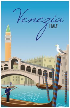 a poster with the words venice italy and a man on a gondola in front of a bridge