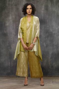 Shop for Bodhi Tree Yellow Brocade Silk Woven Asymmetric Jacket Pant Set for Women Online at Aza Fashions Brocade Suits, Bodhi Tree, Asymmetric Jacket, Textured Jacket, Color Block Jacket, Cotton Clothes, Yellow Silk, Western Design, Indian Suits