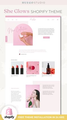 the shopify website is displayed on a pink background with white text and images, including lipstick