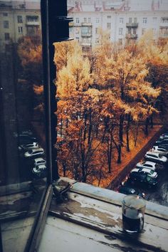 the view from an apartment window looking out onto a parking lot with parked cars and trees