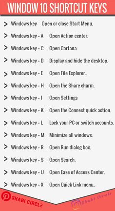 the windows 10 shortcut keys list is shown in red and white with an orange background