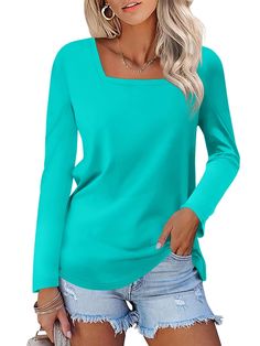 PRICES MAY VARY. Material:long sleeve shirts for women,the fabric of this square neck tops for women includes cotton,polyester and spandex,super soft material,elasticity,not see-through,friendly to you skin, The fabric is warm and comfortable, not easily deformed. Features:womens tops,ladies tops,unique square neck design is eye-catching,attracting attention and receiving praise.Square necked tops are suitable for various facial shapes. The shape of the square collar can increase the width of th Tunic Tops Outfit, Square Neck Tops, Facial Shapes, Fall Tunics, Long Face Shapes, Tops For Women Casual, Ladies Shirts, Long Face, Womens Tops Dressy