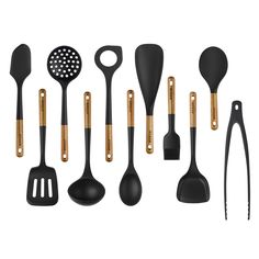 an assortment of kitchen utensils and spatulas