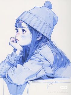 a drawing of a girl with blue hair wearing a beanie and looking to the side