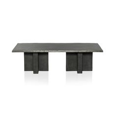 a black table with two legs and a long rectangular design on the top, against a white background