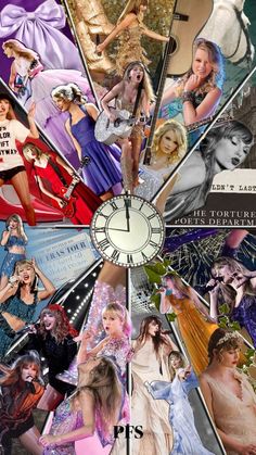 the collage shows many different women in dresses, and one has a clock on it