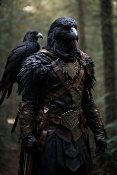 a black bird standing on top of a man's shoulder in the middle of a forest