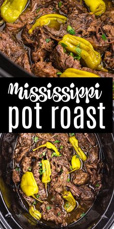 a close up of a plate of food with meat and sauce on it, next to the words mississippi pot roast over mashed potatoes