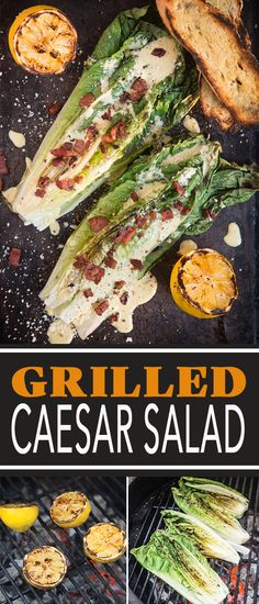 grilled ceasar salad with asparagus and lemons on the grill