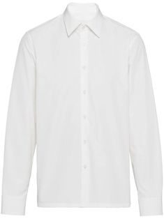 long-sleeved shirt from PRADA featuring white, cotton, triangle logo, classic collar, front button placket, long sleeves, buttoned cuffs and straight hem. Dress Shirt Men, Prada Dress, Prada Triangle, Camisa Social, Versace Outfit, Balenciaga Triple S, Triangle Logo, Summer Beach Wear, Short Suit