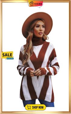 Brown Striped Color Block Turtleneck Knitted Sweater Brown Knit Long Sleeve Sweater Dress, Open Knit Long Sleeve Sweater Dress, Brown Pointelle Knit Long Sleeve Sweater, Long Sleeve Pointelle Knit Sweater Dress, Brown Open Knit Top For Fall, Brown Pointelle Knit Long Sleeve Tops, Brown Long Sleeve Tops With Pointelle Knit, Fall Pointelle Knit Sweater Dress, Brown Long Sleeve Pointelle Knit Top