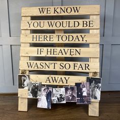 Rustic wedding memorial pallet sign Handmade with the following message 'We know you would be here today, if heaven wasn't so far away' Sign is freestanding with hinged supporting rear leg Constructed from FSC certified spruce with twisted jute rope and brass hinge Supplied with jute rope with miniature wooden pegs for displaying photos  79cm x 59cm Due to the nature of the material and the handmade construction every sign will be unique Supplied fully assembled Free delivery Western Themed Wedding, Pallet Wedding, Cute Wedding Ideas, Marriage Ceremony, Western Wedding, Country Wedding, Future Wedding, Wedding Signs