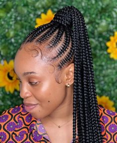 Ponytail with Stitch Braids on Long Dark Hair Braid Designs For Black Women, Stitch Braids Ponytail, Ponytail With Curls, African Braids Hairstyles Pictures, Curled Ponytail, Braids Ponytail, Braids Pictures