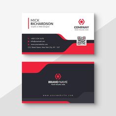 a business card with a red and black design on the front, side and back