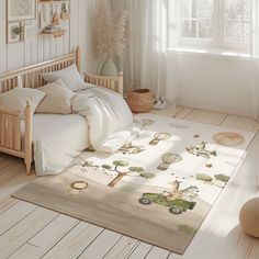 a bed room with a neatly made bed and a rug on the floor next to it