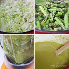 four pictures showing different stages of cooking including broccoli, onions and asparagus