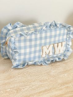 Large Blue Ruffle Gingham Bag With Chenille Letter Patches - Etsy Preppy Travel Bags, Preppy Travel, Preppy Baby, Pencil Bags, Purple Bags, Pencil Pouch