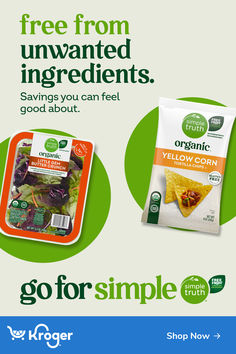 an advertisement for organic food is shown with the image of two packets of chips and one packet