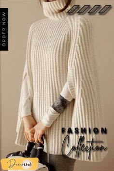 Fashion Turtleneck Solid Color Cape Sweater Casual Cape, Poncho Pullover, Cape Sweater, Cape Style, Womens Turtleneck, Loose Outfit, Fashion Weeks, Knitted Poncho, Turtle Neck Top