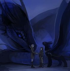 two people standing next to each other in front of a dragon