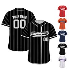 Pinstripe Custom Baseball Jersey is a stylish and functional piece that ensuring a comfortable fit for groups, individuals, couples, teams, or anyone who loves Baseball fashionable and sporty vibe. From casual outings to intense gameplay, this baseball jersey always guarantees both style and performance. If you have any other design ideas, or any changes to the jersey details, simply share an image and we will create a visual representation for you to confirm. ⚾FEATURES - Personalized with your Striped Team Spirit Baseball Jersey For College, Sporty Black Jersey With Three Stripes, Black Casual Jersey With Three Stripes, Casual Striped Jersey With Three Stripes, Casual Black Three Stripes Jersey, Black Jersey Tops With Three Stripes, Black Jersey Top With Three Stripes, Striped Baseball Jersey With Letter Print For Team Spirit, Striped Sport Jersey With Letter Print For Sports Events