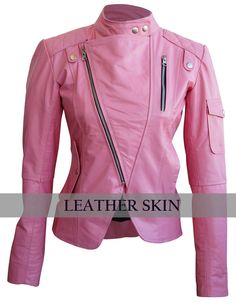 Leather Skin Women Pink Brando Genuine Leather Jacket Punk Style Pink Long Sleeve Outerwear, Pink Punk Biker Jacket With Long Sleeves, Pink Punk Biker Jacket For Winter, Pink Punk Winter Outerwear, Pink Punk Outerwear For Spring, Edgy Pink Long Sleeve Outerwear, Pink Biker Outerwear With Zipper Closure, Trendy Pink Leather Jacket For Spring, Pink Fitted Punk Biker Jacket