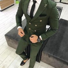 This is an Evergreen Double Breasted Suit by the design studio crafted from high quality fabric and imported materials. Our products are handcrafted by experienced tailors who make sure the that the stitching is precise, lining is proper and the overall product is sturdy enough to not go out of shape for more than a few years. Also all our products have extra margins in their length, sleeves, sides so it's easily alterable if your size changes after some time. To see more available colors and de Mens Wedding Suits, Classy Suits, Dress Suits For Men, Green Suit, Fashion Suits For Men, Slim Fit Suit, Groom Suit, Wedding Suits Men, Mens Fashion Suits