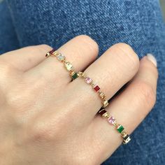 Add some color to your life with our rainbow chain ring. Featuring multicolored gemstones, you will absolutely love this one! It shows the natural allure and effortless luxury of our chain rings. Each setting has been carefully handmade for this modern ring.  Get a taste of every color - this ring has it all! Our signa Elegant Multicolor Open Crystal Ring, Multicolor Gemstone Accented Ring, Rainbow Gemstone Accented Jewelry Ring, Rainbow Gemstone Accented Ring, Fine Jewelry: Multicolor Stackable Pieces, Multicolor Stackable Fine Jewelry, Elegant Multicolor Stackable Birthstone Rings, Elegant Rainbow Promise Ring, Multicolor Gemstone Promise Ring