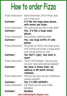 a green and white poster with words on it that say how to order pizza