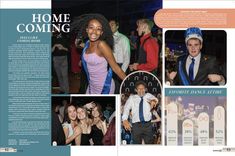 a brochure with photos of people at a party and an article about home coming